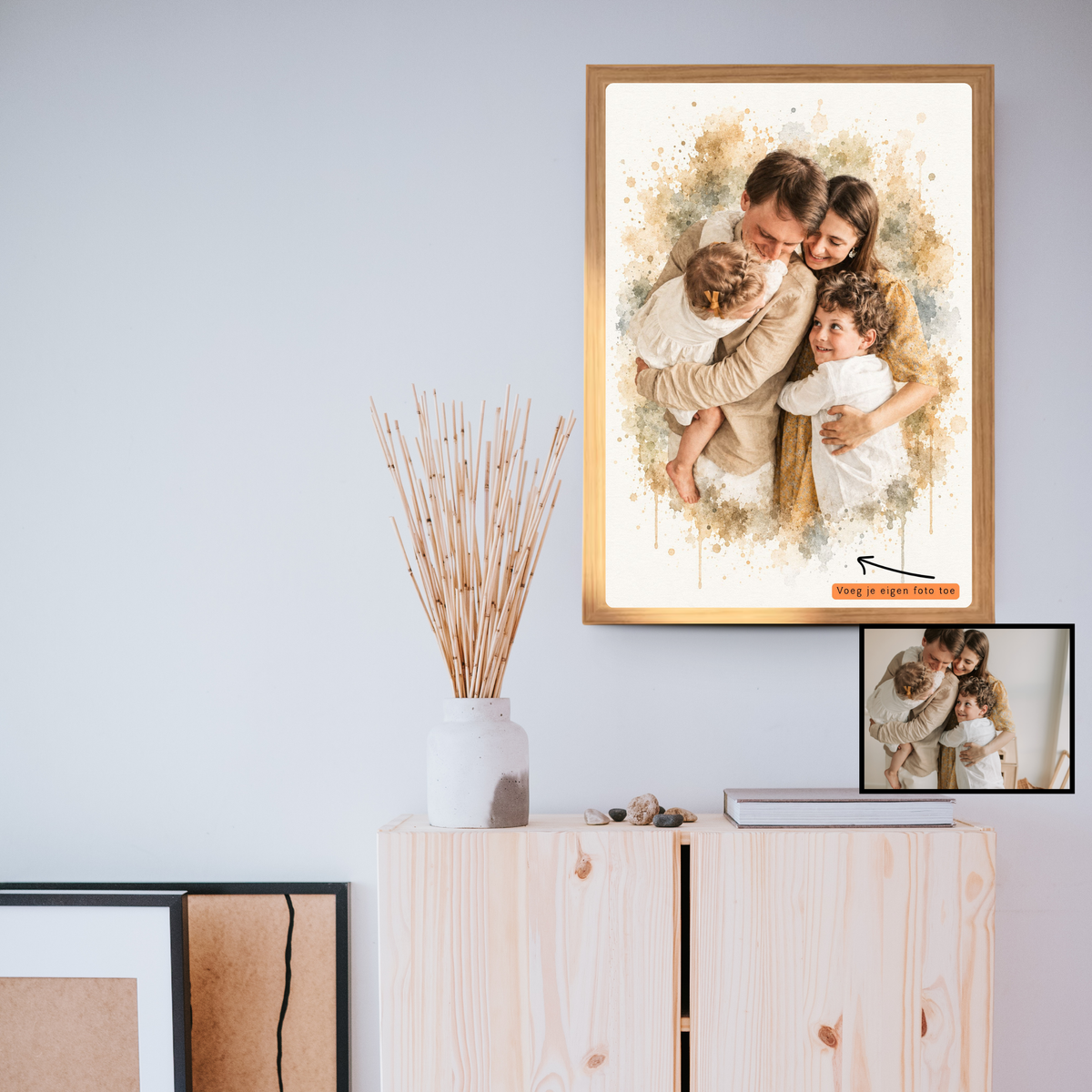 familiefoto als aquarelportret in houten fotolijst