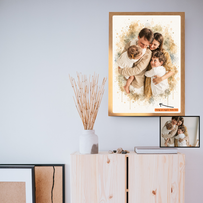 familiefoto als aquarelportret in houten fotolijst